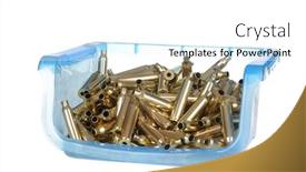  Presentation with plastic container - Beautiful PPT theme featuring plastic container holding 7mm magnum ammunition cartridge cases that have been cleaned polished and had the primers removed ready for reloading backdrop and a white colored foreground