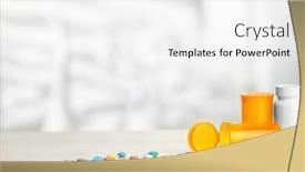  Presentation with plastic containers - Colorful slides enhanced with plastic containers and pills on wooden table against blurred background backdrop and a white colored foreground