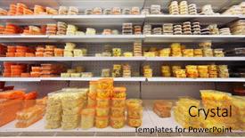  Presentation with plastic containers - Cool new slide deck with plastic containers on shelves backdrop and a gold colored foreground
