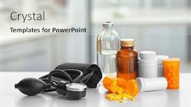  Presentation with plastic containers - Slides with plastic containers with pills bottles and pressure meter on table background and a sky blue colored foreground