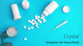  Presentation with plastic containers - Cool new presentation theme with plastic containers with pills syringe and pressure meter on color background backdrop and a cyan colored foreground
