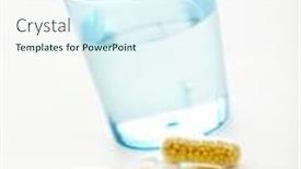  Presentation with water cup - Presentation theme enhanced with plastic cup of water various pills tablets capsules in front tilted view background and a sky blue colored foreground