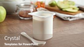  Presentation with yogurt - Amazing presentation design having plastic cup of yummy yogurt on wooden table backdrop and a coral colored foreground