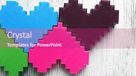  Presentation with wooden heart the slogan - PPT layouts enhanced with plastic hearts on wooden background background and a violet colored foreground