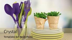  Presentation with cooking equipment kitchen utensils - Cool new theme with plastic kitchen utensils in stand backdrop and a coral colored foreground