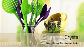  Presentation with cooking equipment kitchen utensils - Audience pleasing PPT theme consisting of plastic kitchen utensils in stand backdrop and a soft green colored foreground