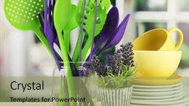  Presentation with kitchen utensils - Amazing PPT theme having plastic kitchen utensils in stand backdrop and a yellow colored foreground
