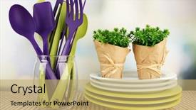  Presentation with cooking equipment kitchen utensils - Slide set featuring plastic kitchen utensils in stand background and a coral colored foreground