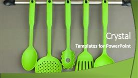  Presentation with cooking equipment kitchen utensils - Amazing slide deck having kos - island kastri near greek island backdrop and a gray colored foreground