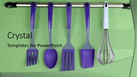  Presentation with kitchen utensils - Presentation design having plastic kitchen utensils on silver hooks on green background background and a seafoam green colored foreground