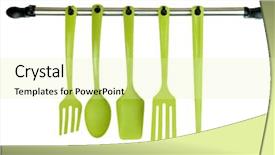  Presentation with kitchen utensils - Audience pleasing slide deck consisting of plastic kitchen utensils on silver backdrop and a soft green colored foreground
