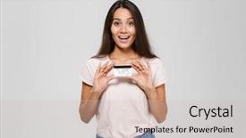  Presentation with credit card - Presentation theme enhanced with plastic money - portrait of an excited happy background and a soft green colored foreground