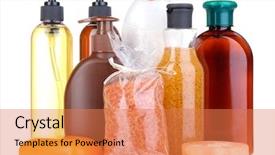  Presentation with cosmetic - Beautiful presentation theme featuring plastic packaging - cosmetic bottles isolated on white backdrop and a coral colored foreground