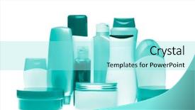  Presentation with cosmetic - Audience pleasing presentation theme consisting of plastic packaging - set of cosmetic bottles isolated backdrop and a arctic colored foreground