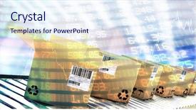  Presentation with belt conveyor - Audience pleasing PPT theme consisting of plastic pallets - row of brown boxes backdrop and a sky blue colored foreground