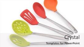  Presentation with set of construction tools tool - PPT theme featuring plastic pallets - set of kitchen tools background and a  colored foreground