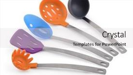  Presentation with kitchen - PPT theme with plastic pallets - set of kitchen tools background and a  colored foreground