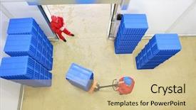  Presentation with company - Amazing slide set having plastic pallets - two workers preparing goods delivery backdrop and a soft green colored foreground