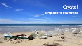  Presentation with water pollution - Beautiful PPT theme featuring plastic pollution on beach plastic backdrop and a cobalt blue colored foreground