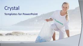  Presentation with beach - Presentation design enhanced with plastic recycling - blonde activist picking up trash background and a sky blue colored foreground