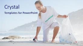  Presentation with plastic recycling - Amazing slides having plastic recycling - blonde activist picking up trash backdrop and a sky blue colored foreground