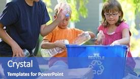  Presentation with bin - Amazing presentation design having plastic recycling - kids filling recycle bin backdrop and a teal colored foreground