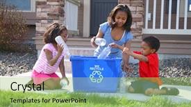  Presentation with bin - Amazing slide deck having plastic recycling - three children putting items backdrop and a mint green colored foreground