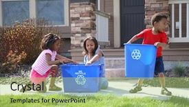  Presentation with recycle glass waste for recycling - Beautiful PPT theme featuring plastic recycling - three children putting items backdrop and a yellow colored foreground
