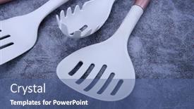  Presentation with spoon - Theme with plastic-slotted-spoon-and-spatula background and a ocean colored foreground