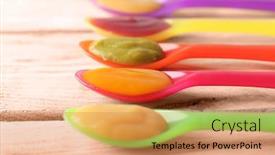  Presentation with baby food - Beautiful slides featuring plastic-spoons-with-baby-food backdrop and a coral colored foreground