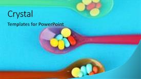  Presentation with plastic - Slides enhanced with child drugs addiction - plastic spoons with color pills background and a cyan colored foreground