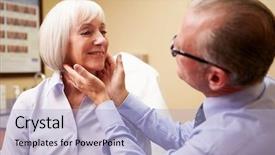  Presentation with mature masked female surgeon - Presentation design enhanced with plastic surgeons - cosmetic surgeon examining senior female background and a light blue colored foreground