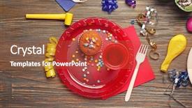  Presentation with birthday cake cupcake - Cool new slide deck with plastic tableware with birthday cupcake backdrop and a tawny brown colored foreground