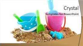  Presentation with beach toys on sand - Beautiful presentation featuring plastic toys at the beach backdrop and a white colored foreground