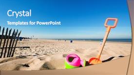  Presentation with beach toys on sand - Slide deck consisting of plastic toys in the sand background and a teal colored foreground