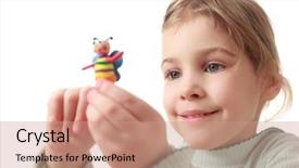  Presentation with happy young student girl holding - Slide deck enhanced with plasticine handmade sculpt - colorful bee background and a  colored foreground