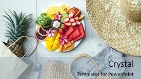  Presentation with tropical fruit - Beautiful presentation design featuring plate and set of summer backdrop and a light blue colored foreground