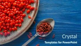  Presentation with goji - Beautiful presentation design featuring plate and spoon with goji berries on wooden background backdrop and a ocean colored foreground