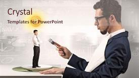  Presentation with financial - Presentation enhanced with plate business report - giant businessman eating small man background and a  colored foreground