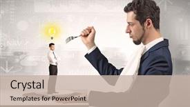  Presentation with financial report - Beautiful slides featuring plate business report - giant businessman eating small man backdrop and a  colored foreground