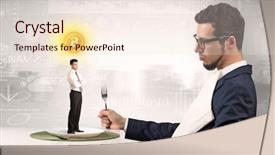  Presentation with financial report - Presentation design consisting of plate business report - giant businessman eating small man background and a  colored foreground