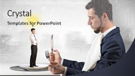  Presentation with financial - Cool new presentation theme with plate business report - giant businessman eating small man backdrop and a  colored foreground