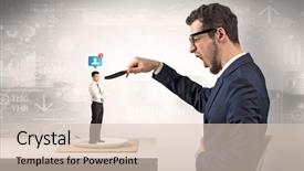  Presentation with in financial action - Cool new presentation theme with plate business report - giant businessman eating small man backdrop and a  colored foreground