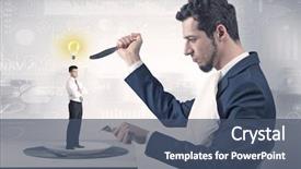  Presentation with financial report - Cool new presentation theme with plate business report - giant businessman eating small man backdrop and a  colored foreground