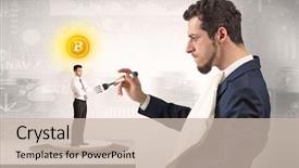  Presentation with financial - Presentation design enhanced with plate business report - giant businessman eating small man background and a  colored foreground