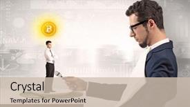  Presentation with financial - Theme with plate business report - giant businessman eating small man background and a  colored foreground