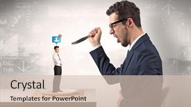  Presentation with financial portfolio - PPT theme enhanced with plate business report - giant businessman eating small man background and a  colored foreground