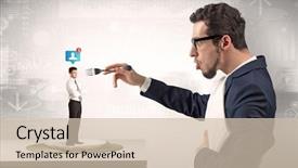  Presentation with fintech financial algorithm - Cool new theme with plate business report - giant businessman eating small man backdrop and a  colored foreground