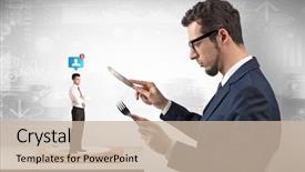  Presentation with financial report - Presentation design enhanced with plate business report - giant businessman eating small man background and a  colored foreground