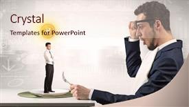  Presentation with financial - Theme having plate business report - giant businessman eating small man background and a sky blue colored foreground